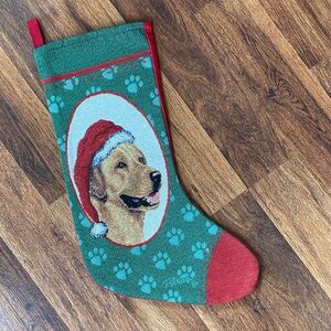 Linda Picken tapestry Festive golden Dog Christmas Stocking Green & Red w paws